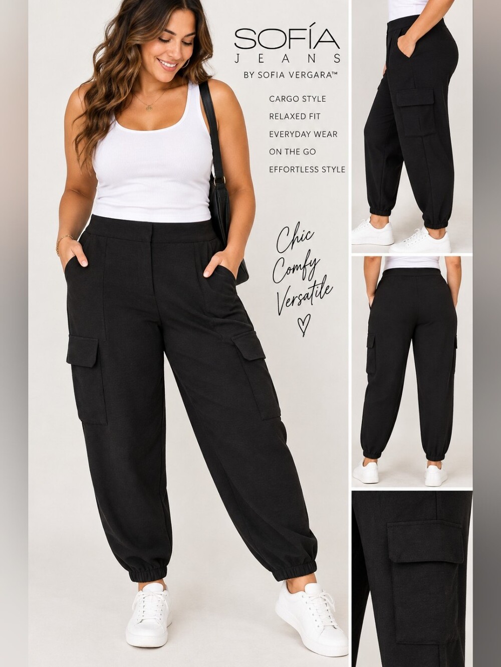Sofia Jeans by Sofia Vergara Large Black Cargo Jogger Pants 12-14